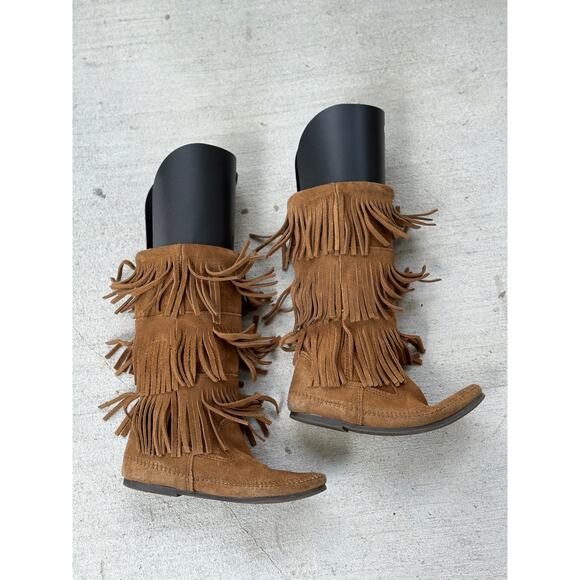 Minnetonka Moccasins 3 Layer Fringe Boot Brown Suede 1632 Calf High Boots Size 8 - Picture 3 of 8